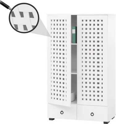 Zdjęcie produktu dla Szafka HWC-N87, szafka do salonu, wiklinowy wzór 3D 2 drzwi 3 schowki 2 szuflady z miękkim zamknięciem, 138x80x36cm ~ biały