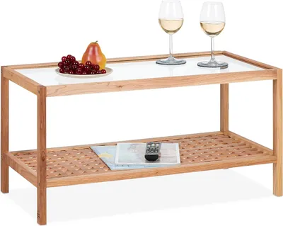 Produktbild von Relaxdays Beistelltisch, Wohnzimmertisch mit Glasablage, HBT 40x80x40 cm, Ablagetisch Walnussholz, Kaffeetisch, natur