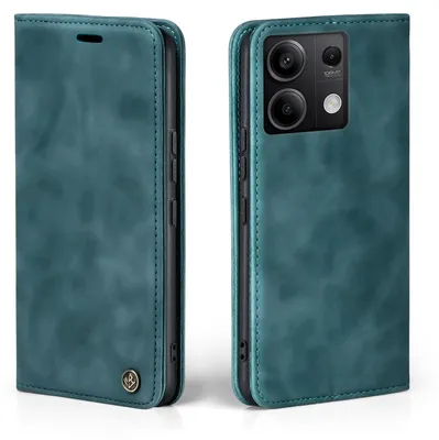 A teal flip-style phone case for a Xiaomi Redmi Note 13 5G is shown from two angles, front and back.