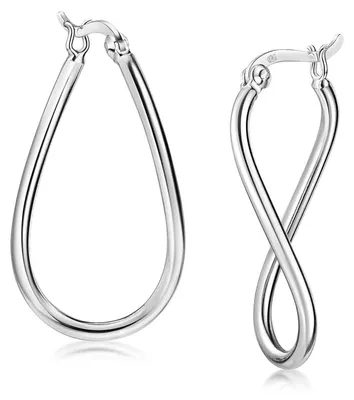 Zwei moderne Creolen aus hochglanzpoliertem 925er Silber – eine in eleganter Tropfenform, die andere kunstvoll zur Unendlichkeitsschleife gebogen.