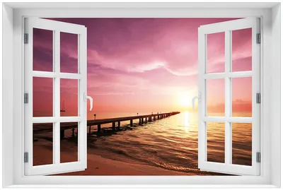 Produktbild von Wallario Premium Glasbild mit Fensterrahmen, freischwebende Optik, kräftige Farben, Größe 60 x 90 cm Motiv Auf dem Weg zur Sonne  Steg am Meer