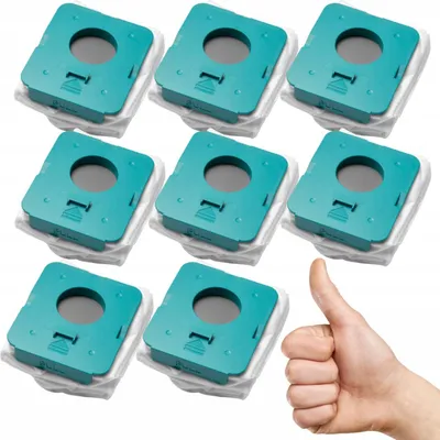 A set of eight vacuum cleaner bags arranged in a grid, with a hand giving a thumbs-up gesture in the foreground.