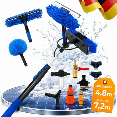 Produktbild von Solarpanel Reinigungsbürste 7,2 m, Teleskop Waschbürste Set mit 20 m Wasserschlauch, Abzieher & Seifenspender für Photovoltaik & Terrassendach