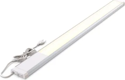 A slim, silver and white LED light bar with a cord and plug is shown against a white background.