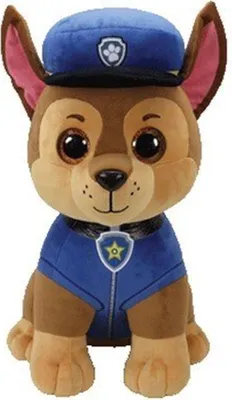 A plush toy dog wearing a police uniform and hat.