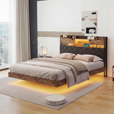 Produktbild von ProximaX Schwebebett 140x200cm Holzoptik mit Stauraumkopfteil, RGB-LED & USB-C