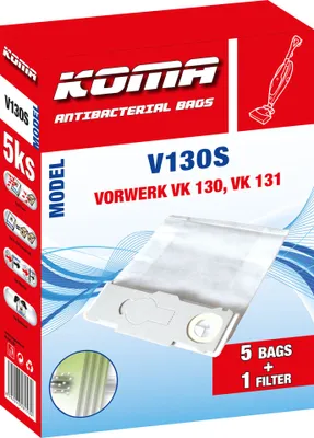 The image shows the packaging of KOMA V130S antibacterial vacuum cleaner bags.