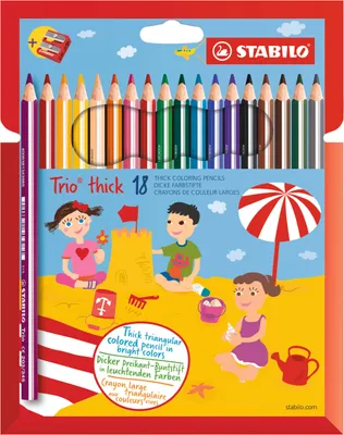 Obrázok produktu pre Trojuholníková farebná ceruzka - STABILO Trio hrubá - 18-balenie - s 18 rôznymi farbami a orezávačom