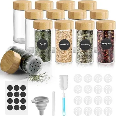 Immagine prodotto di Contenitori per erbe aromatiche in bambù e vetro - Set da cucina con coperchio - 12 pezzi