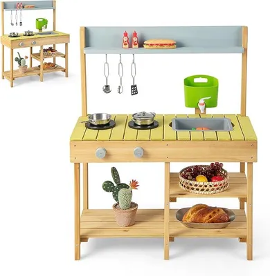 Imagen del producto de Cocina de juguete para exteriores, cocina infantil con fregadero y hornilla, cocina de juego de madera, cocina de juguete con 3 ganchos y estantes, cocina de madera para jardín, ideal para niños a partir de 3 años (color natural, con dispensador de agua)