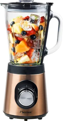 A copper-colored Bestron stand mixer filled with fruit and ice.