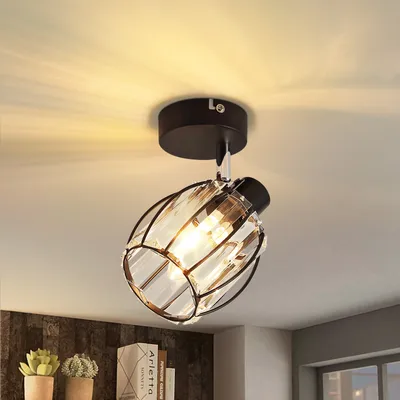 Produktbild von ZMH Deckenstrahler Flur Deckenspot Vintage Deckenleuchte 1 Flammig Kristall Lampenschirm E14 Industrial Strahler Schwarz 350°Schwenkbar Flurlampe MAX.40W für Küche Bett (Ohne Leuchtmittel)