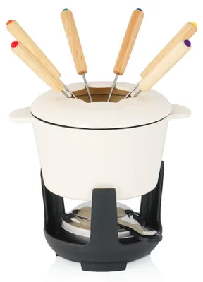 Imagen del producto de Juego de fondue de hierro fundido para 6 personas, de 1 litro, con 13 piezas, que incluye un quemador y tenedores