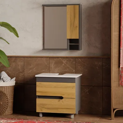 Produktbild von Badezimmermöbel-Set stehend Holzfurnier 60 cm | Badunterschrank & Spiegelschrank