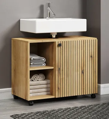 A bathroom vanity cabinet with a sink and faucet.