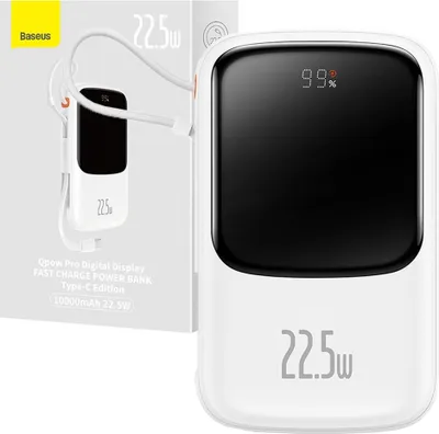 Image de Baseus Qpow Digital Display Powerbank with Fast Charge 10000Mah 20W Qc/Pd/Scp/Fcp With Built-in Lightning Cable White