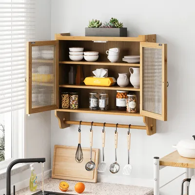 Productafbeelding van AIORBER hangende kast, wandmontage, met glazen deur, 3 opbergvakken, met haken en rails, robuust en duurzaam, natuurhout, geschikt voor keuken of badkamer, 63x60x18 cm, naturel