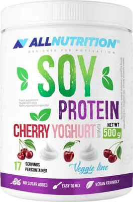 Productafbeelding van ALLNUTRITION Soy, Poeder, Sojaproteïne, Kersen (fruit), Yoghurt, Sojaproteïne-isolaat, zoetstof: xylitol; magere cacaopoeder, aroma's, verdikkingsmiddel: xanthaangom..., Proteïneshake: los één portie op in 300-350 ml water. Dessert: los één portie op in 250..., 22 g