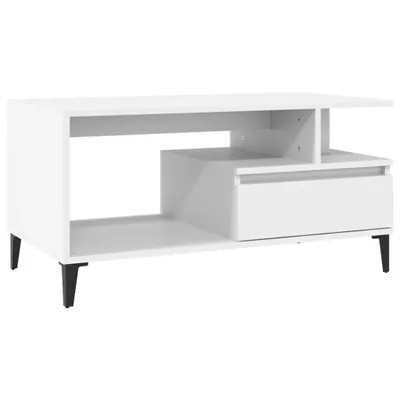 A white TV stand with black legs against a white background.
