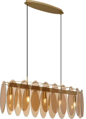 Produktbild von QAZQA - Art Deco Art-Deco-Hängelampe I Pendellampe I Pendelleuchte Gold I Messing mit bernsteinfarbenem Glas Oval 5-flammig - Mochan I Wohnzimmer I Schlafzimmer - Oval - LED geeignet E14