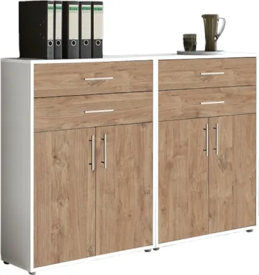 Produktbild von Aktenschrank TABOR 17 in weiß / Gold Harbor Oak, Schrankwand, Büroschrank, Metallgriffe