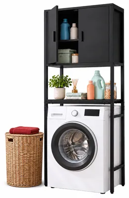 Image de Meuble de rangement pour machine à laver Relaxdays, 3 compartiments, étagère au-dessus de la machine à laver, compatible avec sèche-linge et toilettes, dimensions (H x L x P) : 170 x 64 x 27 cm, couleur : noir, Image générée par une IA
