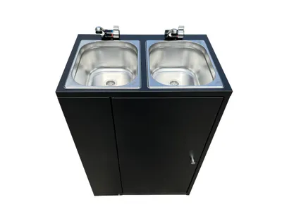 Produktbild von Mobiles Doppelwaschbecken mit Durchlauferhitzer 50°C | Autark ohne Wasseranschluss | 2 Becken Spüle mit Frisch- & Abwassertank | Gastro Kosmetik Werks