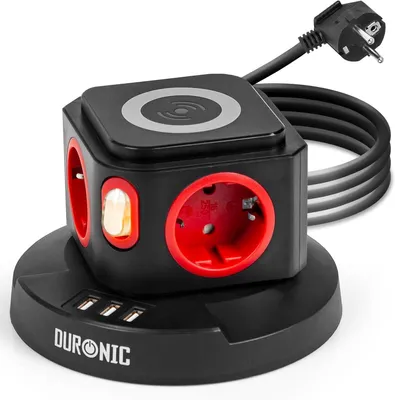 Produktbild von Duronic ET4W Mehrfachsteckdose | Steckdosenwürfel mit 3 USB Ports und Wireless Charging | 4-Fach Steckdose 3680W 16A | Steckdosenleiste mit Überspannungsschutz | Steckdosenturm mit 1,8 m Kabel