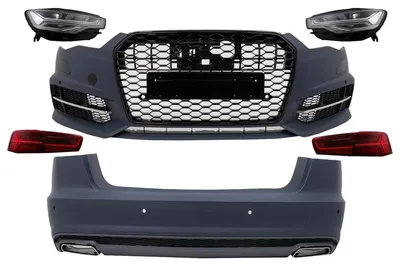 Imagen del producto de Kit de carrocería para AUDI A6 C7 4G, modelo sedán, 11-2017, con diseño actualizado a 2018. Incluye parachoques, luces y rejilla delantera.