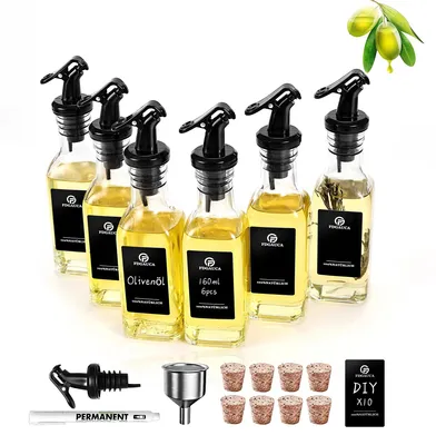 Image de Bouteilles en verre pour huile et vinaigre - Lot de 6 de 160 ml - Rectangulaires - Bec verseur et bouchon - Entonnoir en acier inoxydable - Étiquettes et stylo - Transparentes