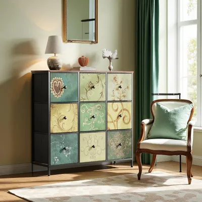 Produktbild von Kommode mit Blumenmuster und Metall- + Stoffschubladen