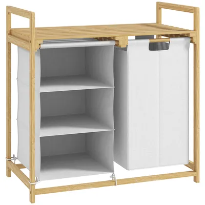Produktbild von Wäschekorb 4 Fächer Wäschesammler mit 2 ausziehbaren & abnehmbaren Wäschesäcken aus Vliesstoff, Ablage 83L Wäschebox mit Griff Wäschesortierer
