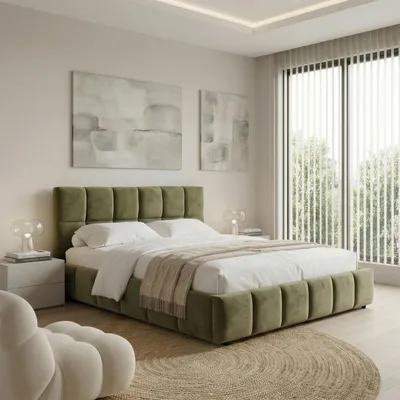 Produktbild von Polsterbett EMILIA 180x200 cm, Grün - Bett mit Lattenrost, Bettgestell mit gepolstertem Kopfteil, Stoffbett mit moderner Steppung, Modernes Design und stabile Konstruktion