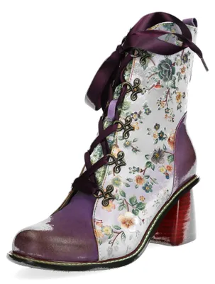 Produktbild von Laura Vita Damen Schnürstiefelette mit Blumenmuster und Satinband Evcao 01, Größe:38 EU, Farbe:Violett