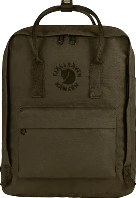A front view of a dark olive green Fjällräven Kånken backpack against a white background.
