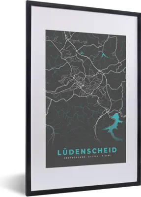 Produktbild von MuchoWow® Gerahmtes Poster Blau - Deutschland - Karte - Stadtplan - Lüdenscheid 40x60 cm - Poster mit Schwarzem Bilderrahmen Wandposter Rahmen Foto Bilder - Poster in Rahmen