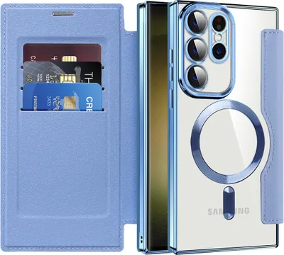 Produktbild von Klapphülle für Samsung Galaxy S23 Ultra Kompatibel mit Magsafe, Klar Überzug Kartenhalter Ledertasche mit Kameraschutz Hellblau