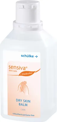 A white plastic bottle of sensiva dry skin balm with an orange and white label.