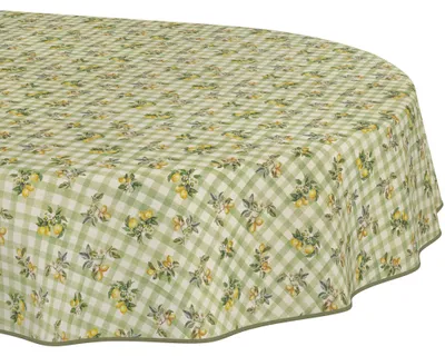 Produktbild von Tischdecke 140x280cm Oval Grün Barcelona Stoff Premium Karo Zitrone wasserabweisend pflegeleicht mit Saumkante