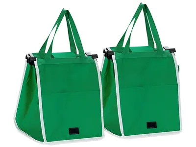 Two green shopping bags with white trim and black handles are shown against a white background.