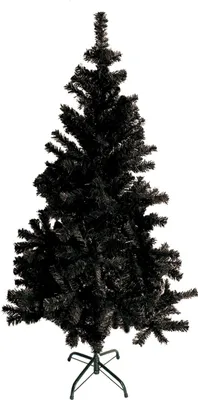 A black artificial Christmas tree on a white background.