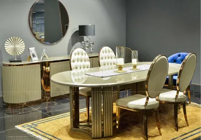 Produktbild von Essecke Luxus Esszimmer Essgruppe Esstisch Beige Set 7tlg Holz Stühle