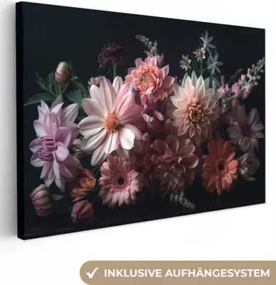Produktbild von MuchoWow® - Leinwandbilder - Blumen - Bunt - Rosa - Modern, Wandbild, Wanddeko Bilder Wohnzimmer, 60x40cm