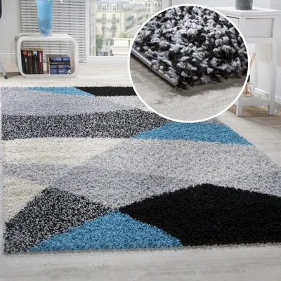Produktbild von Shaggy Teppich Hochflor Langflor Weich Geometrisch Gemustert Grau Schwarz Türkis Grösse 120x170 cm