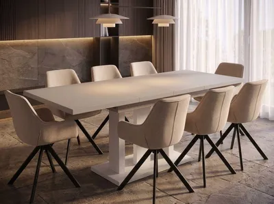 Produktbild von ENDO-Möbel Essgruppe "Appia White" - Esstisch ausziehbar 130-210cm in Kaschmir Beige für 8 Personen mit Stühlen in Leinen-Beige