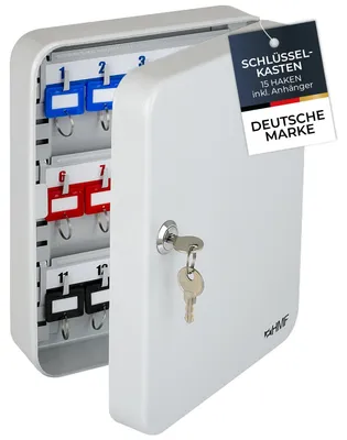 Produktbild von HMF Schlüsselkasten klein aus Stahl, abschließbarer Schlüsselschrank für Flur, Arbeitszimmer oder Garage, 15 Schlüsselhaken, 25 x 20 x 7,5 cm, Lichtgrau