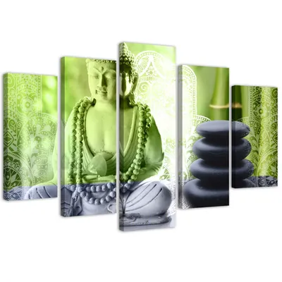 Produktbild von 5-teiliges leinwandbild buddha und steine 100x70 cm Feeby grün wandbild bereit zum aufhängen