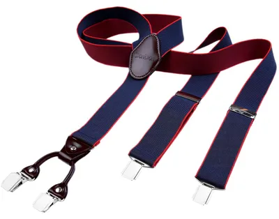 Produktbild von DonDon Herren Hosenträger 3,5 cm breit 4 Clips mit braunem Leder in Y-Form elastisch und längenverstellbar - dunkelblau