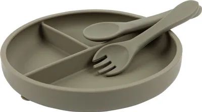 Produktbild von Silberner Salbei Baby Geteilt Silikon Saugplatte, Gabel & Löffel Set - Kinder Kleinkind Entwöhnung Fütterung Essen Dish mit Abschnitte - Von Tiny Dining