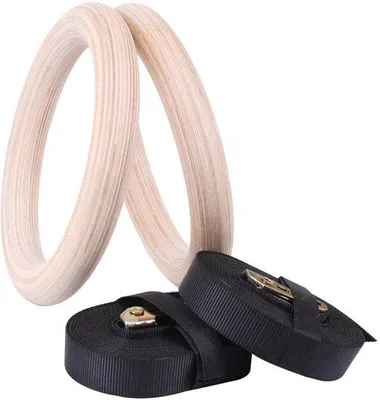 Image de Anneaux de gymnastique en bois - Anneaux d'entraînement - Diamètre de 31 mm - Résistance jusqu'à 130 kg - Anneaux de gymnastique en bois